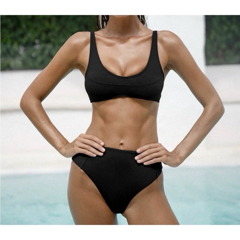 Berlook Black Ribbed Swimsuit Bikini Bottom Hi Rise Full Coverage M Medium ONLY